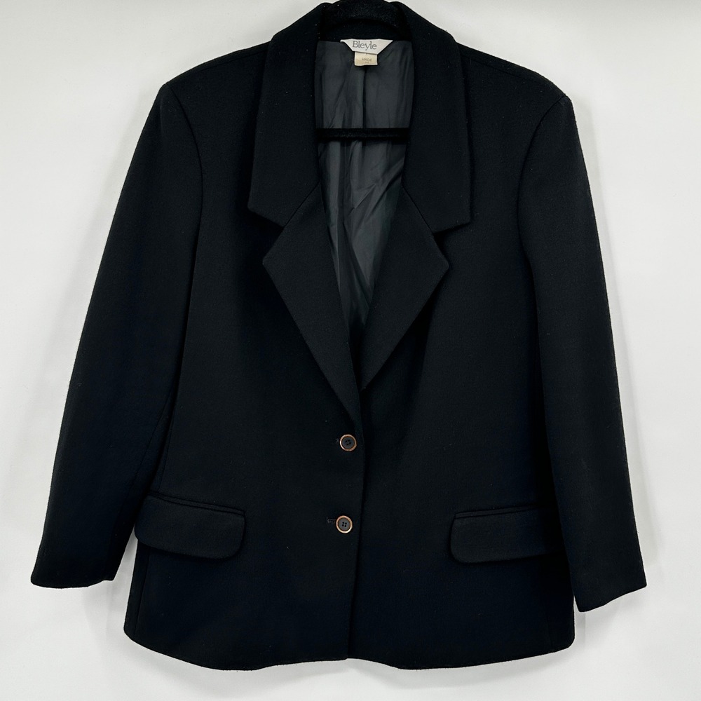 Vintage Bleyle Women Black Wool Blazer Jacket Size 14 Gold Button Professional